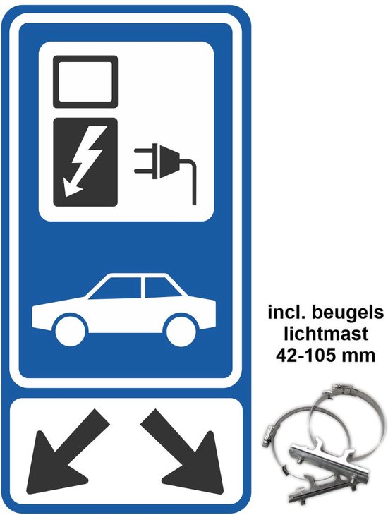 Panneau de signalisation Panneau de borne de recharge - Panneau de borne de recharge pour voiture électrique 30x60 cm réfléchissant + Support pour mât d'éclairage ø 42-105 mm
