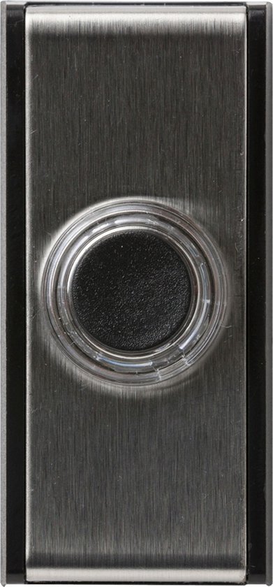 Honeywell deurbel, zilverkleurig geborsteld metaal met zwarte knop en transparante ring.