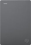 Grijze Seagate Basic 1TB externe harde schijf, staand gefotografeerd met Seagate logo.