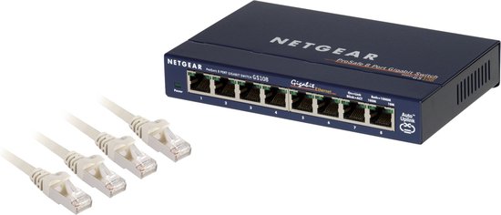 Blauwe Netgear ProSafe 8-poorts Gigabit Switch GS108 met 8 ethernetpoorten, plus 4 witte ethernetkabels ernaast.