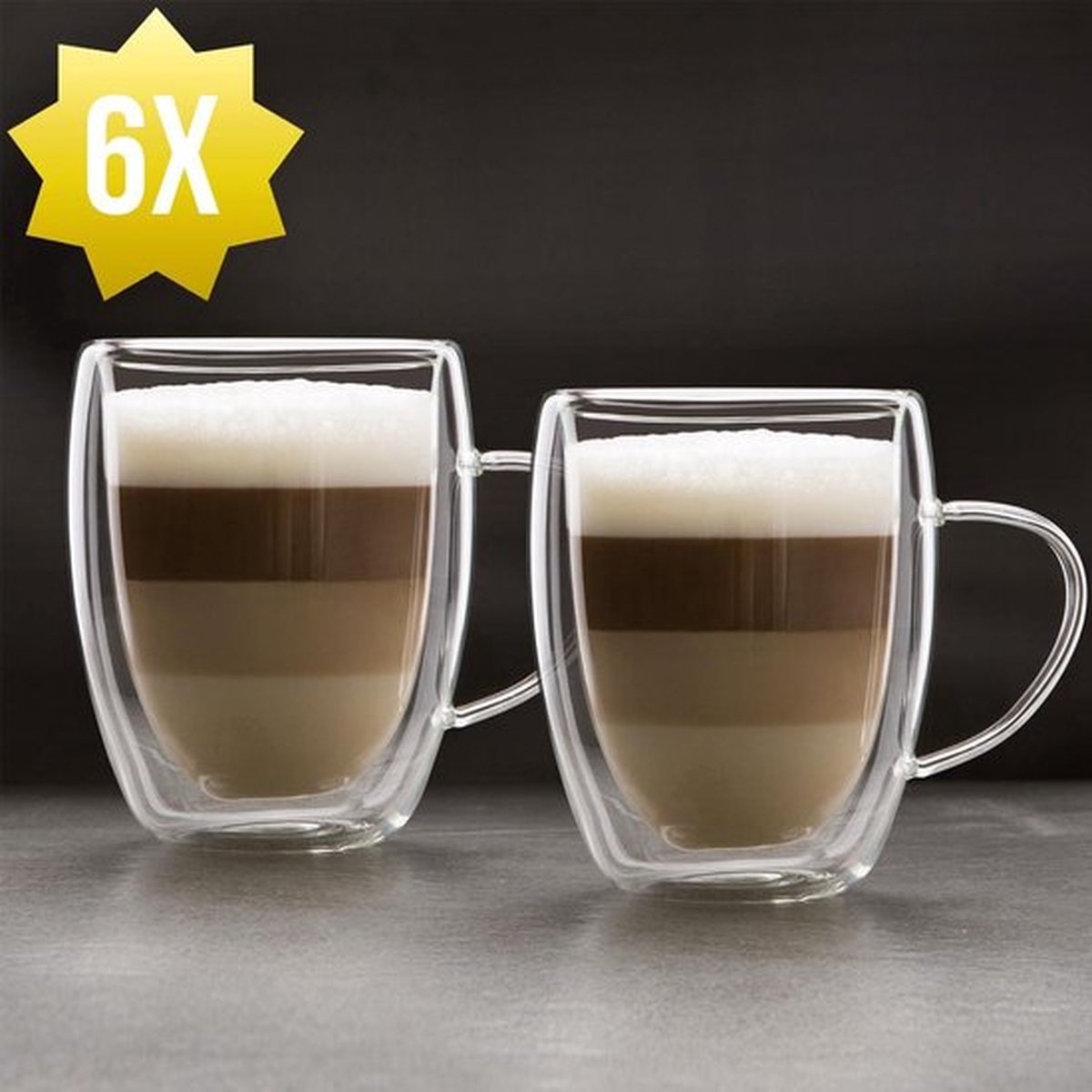Glozini - 6 stuks dubbelwandige glazen met oor - geschikt voor verschillende soorten koffie - Latte macchiato, cappuccino, espresso 350 ml