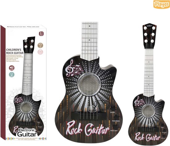 Playos® - Elektrische Gitaar - Zwart - met LED verlichting - met Plectrum - Liedjes - Speelgoedgitaar - Muzikaal Speelgoed