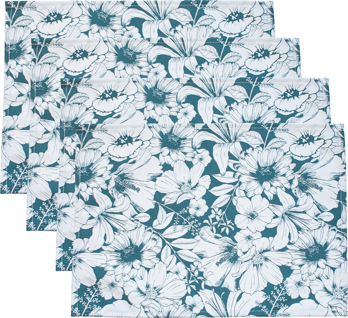 Placemat met bloemenprint - Teal green - set van 4 - 45x35cm - Stoffen placemats - Wasbaar - Feestdecoratie - Tafeldecoratie