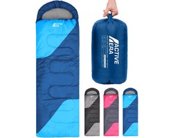 Active Era Premium Slaapzak – 250 GSM Vulling en Waterdicht – Met Binnenzak en Capuchon – 4 Seizoenen, voor Kamperen, Camping, Backpacken, Hiken, Festivals, Logeren, Buitenhuis – Volwassenen & Kinderen – 210x75cm – Blauw