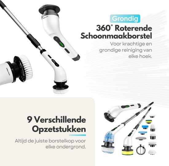 9-Delige Draadloze Elektrische Schrobborstel Set - Schoonmaakborstel met Verlengde Steel - 9 Schoonmaak Borstel Opzetstukken Set - Borstelset Waterbestendig IPX6 - Accu — afbeelding 2