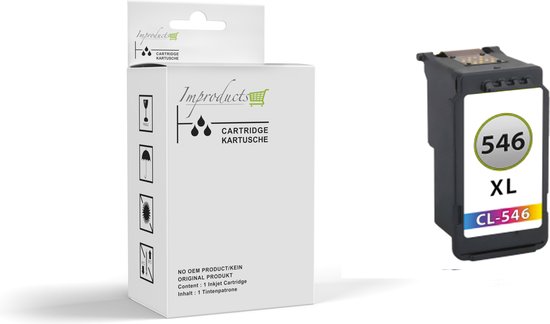 Doosje en Improducts CL-546XL kleurencartridge. Omschrijving: "NO OEM PRODUCT / KEIN ORIGINAL PRODUKT".