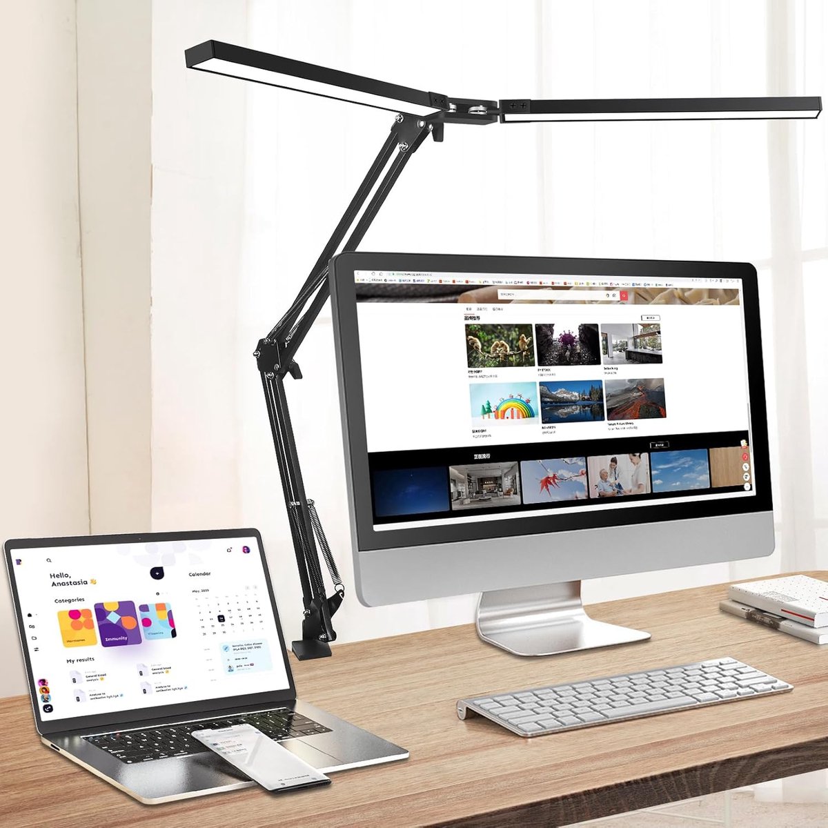 Bureaulamp - LED - Bureaulamp met klembevestiging - Verstelbaar - Dimbaar - Wit en warm Licht - Zwart
