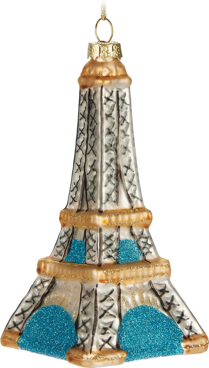 BRUBAKER Eiffeltoren - handbeschilderde kerstbal van glas - 14 cm boombol Parijs decoratie - wit, goud en blauw - mondgeblazen kerstboomversiering - figuur grappige decoratieve hanger
