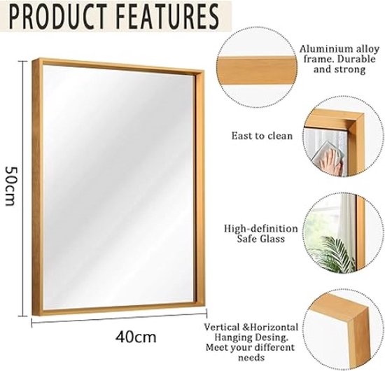 Melodieux Gouden badkamerspiegel voor muur, 50 x 75 cm, metalen frame