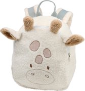 Een ecru giraffenrugzak met bruine oren en gevlekte gezichtsuitdrukking, op een witte achtergrond.