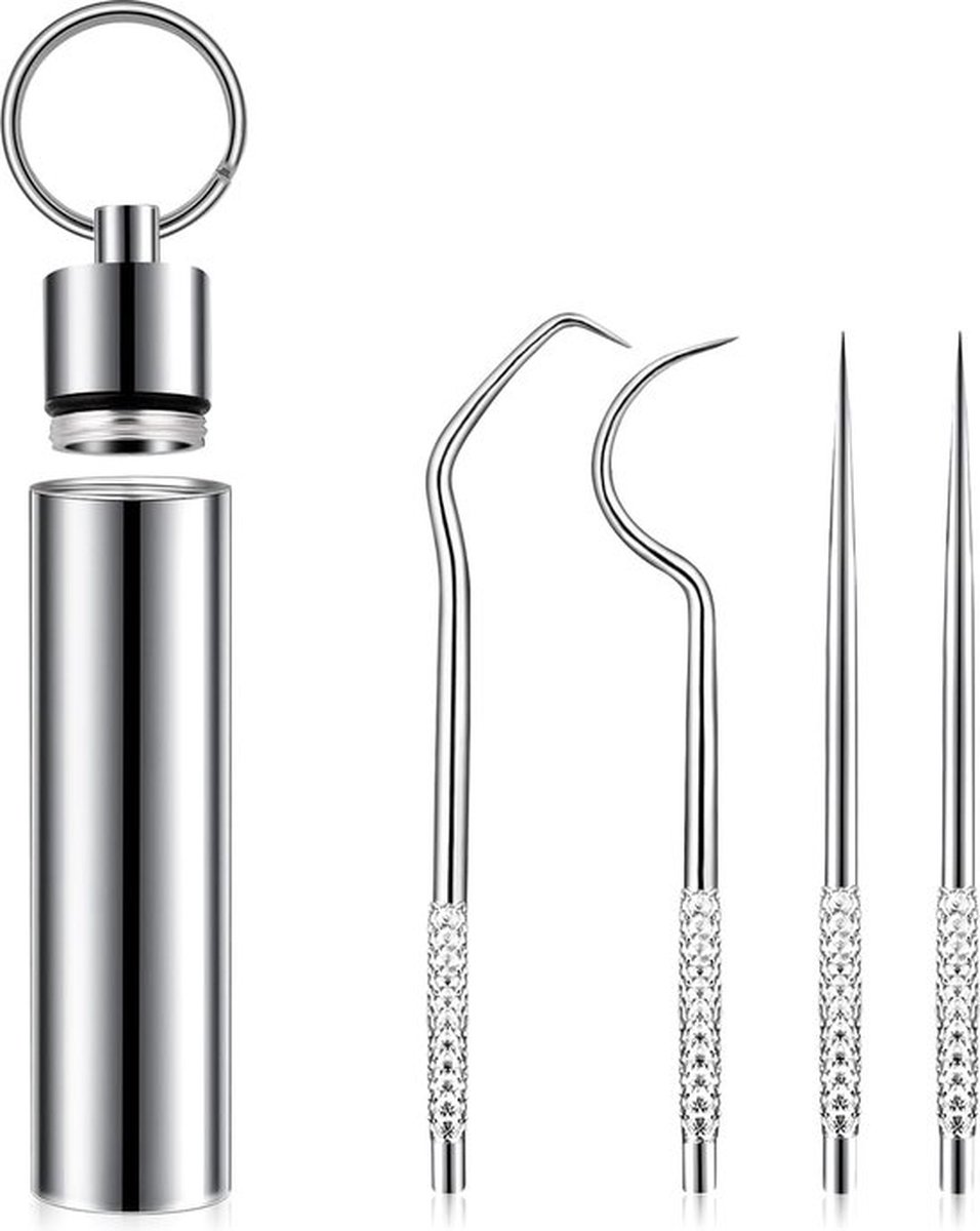 Goedkoopste tandenstokers Roestvrijstalen tandenstokerset, 4 stuks/set, draagbare metalen tandenstokers, zakkit met aluminium houder, dispenser, sleutelhanger, herbruikbaar, rechte/gebogen tandreinigingsgereedschap voor