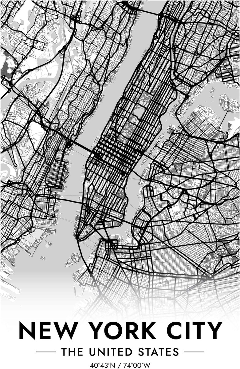 New York Poster - USA - Wit - Stad - Kaart - Map - Moderne - Reis - posters - formaat 60x90cm - Wanddecoratie - 4307