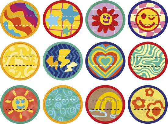 Vel met twaalf ronde, kleurrijke Play-Doh stickers met patronen zoals sterren, hartjes, bliksemschichten, bloemen, zon en regenboog.