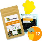 Tryptomera voordeelpakket: bruine zak met 'Steinernema feltiae aaltjes', zakje met zwarte grond en 'Hyposepis miles roofmijten', gele bloem-vangplaatjes, twee planten met gele cirkel '12'.