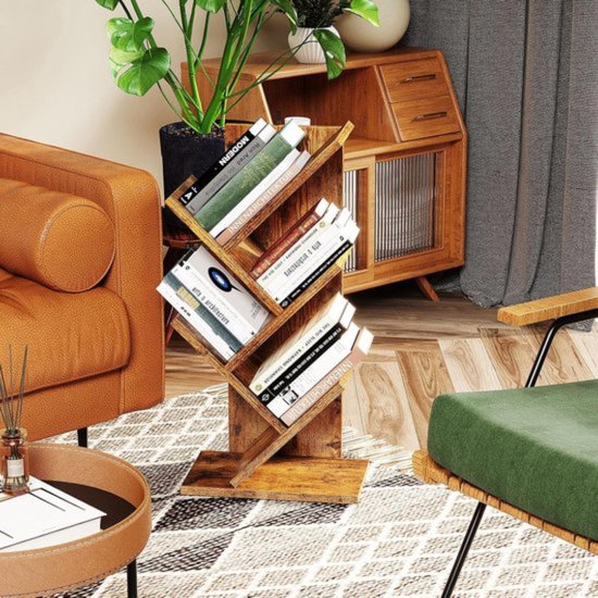 YMYNY Boom Boekenplank, Boekenkast met 4 Planken, Moderne houten Opbergkast voor Boeken/Films/Cd's, Smalle Vertoningsplank voor Slaapkamer, Home office, Houtkleur HBC014N