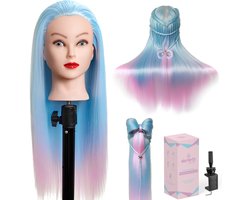 foto van Elements Collection - Oefenhoofd - Kappershoofd - Professioneel - Kappop met Statief - Synthetisch - Gekleurd Haar - Blauw Roze - 55CM