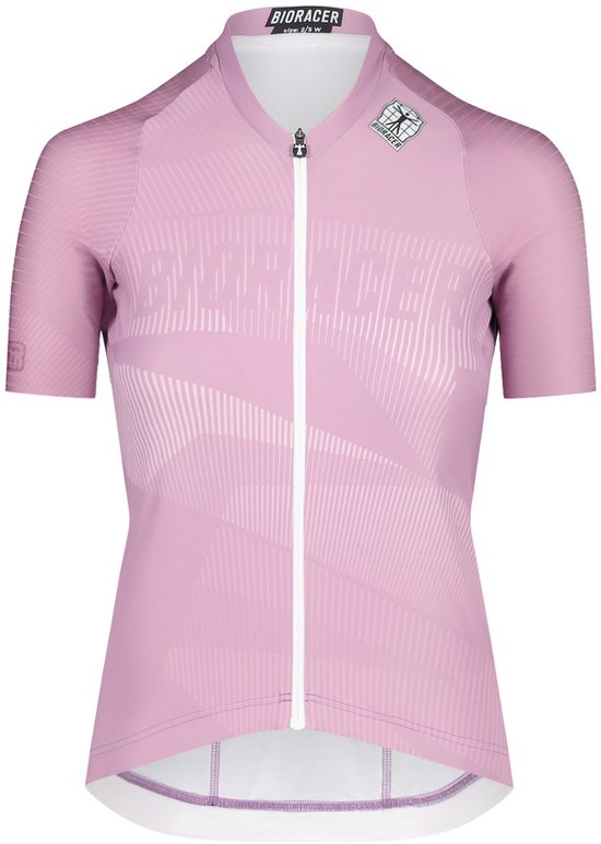 Maillot de cyclisme rose pâle à manches courtes, fermeture éclair et logo 'BIORACER' sur la poitrine.