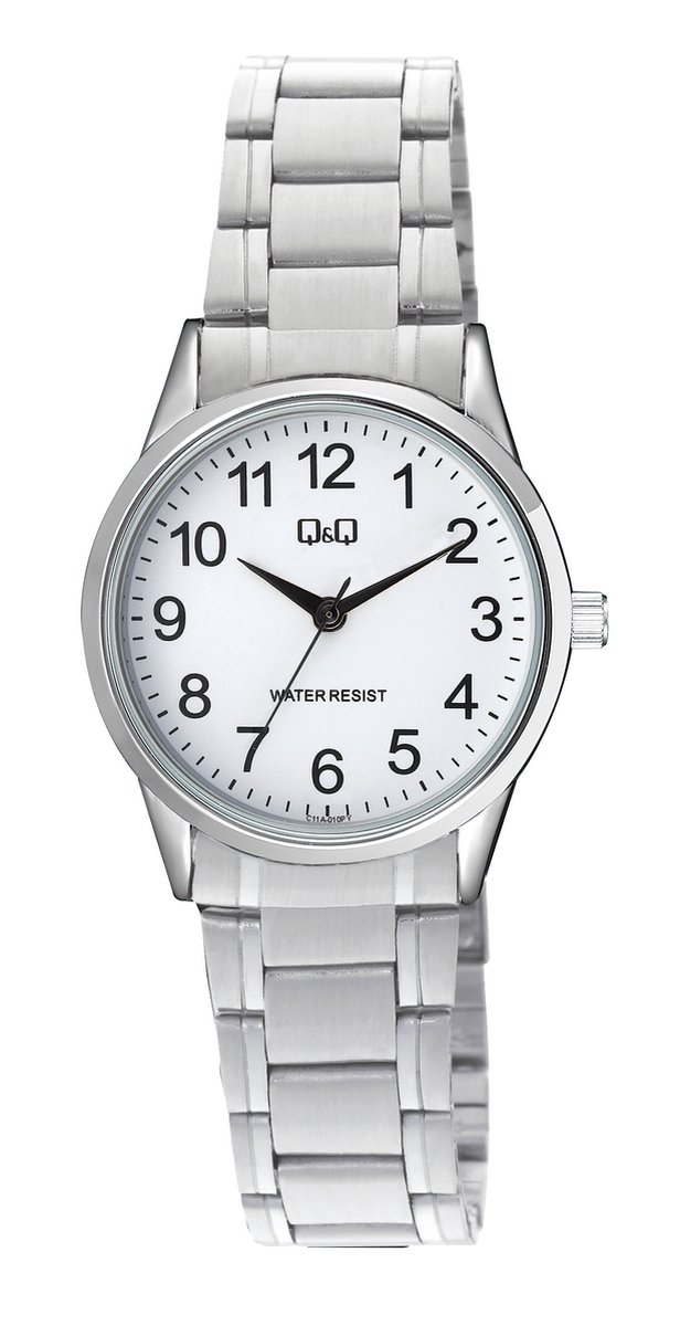 QQ C11A-010PY - Horloge - Polshorloge - Analoog - Dames - Vrouwen - Stalen aanpasbare druksluiting band - Rond - Metaal - Cijfers - Zilverkleurig - Wit
