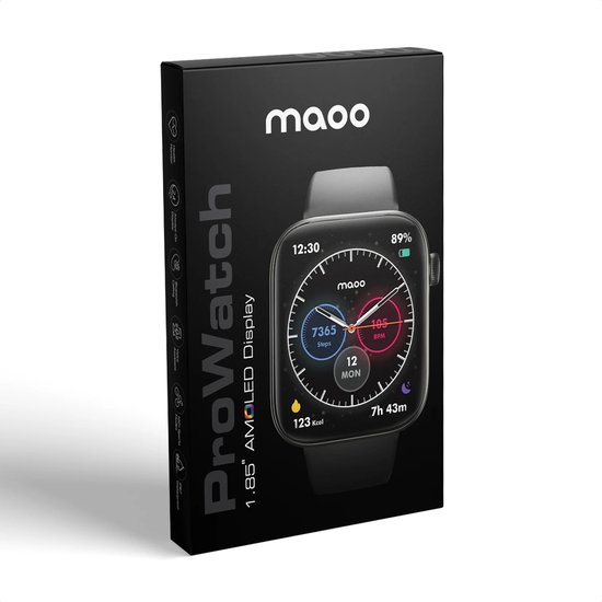 Verpakking van de Maoo ProWatch met een afbeelding van een smartwatch met roségouden Milanese band en een digitale wijzerplaat.