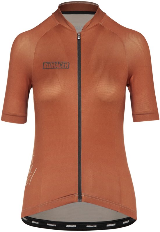 Maillot de cyclisme femme orange à manches courtes, fermeture éclair et logo 'BIORACER'.