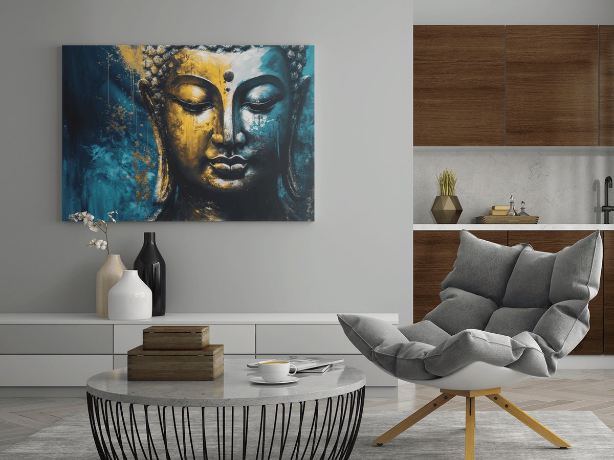 Trendex Global Canvas Schilderij - Boeddha - Standbeeld - Wanddecoratie - 120x80x2 cm Blauw