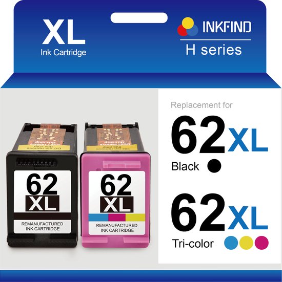 Cartouches d'encre remanufacturées 62XL noires et roses, avec le logo "INKFIND H series".