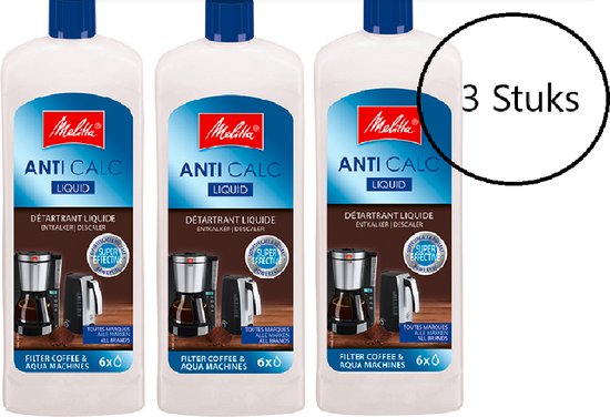 Trois bouteilles Melitta Anti Calc liquide détartrant pour machines à café filtre et aquamachines.