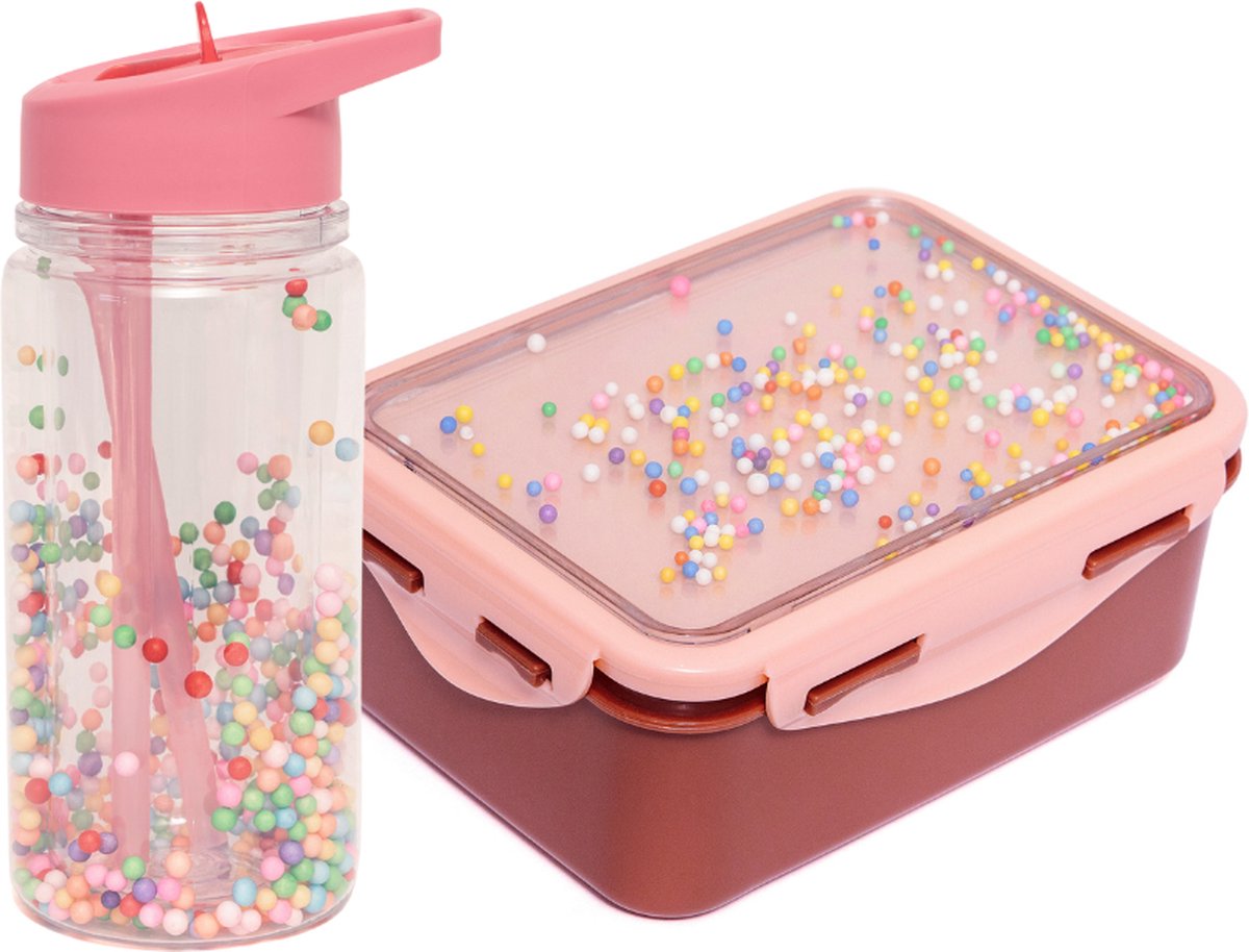 BEAU by Bo Petit Monkey Back to School set - Bentobox + Drinkfles Popsicles - Desert Rose/Peony Pink