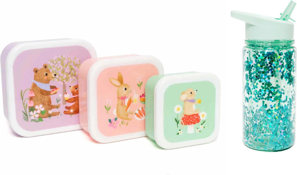 BEAU by Bo Petit Monkey Back to School set - Snackdozen + Drinkfles Animals Picnic/Glitter - Groen