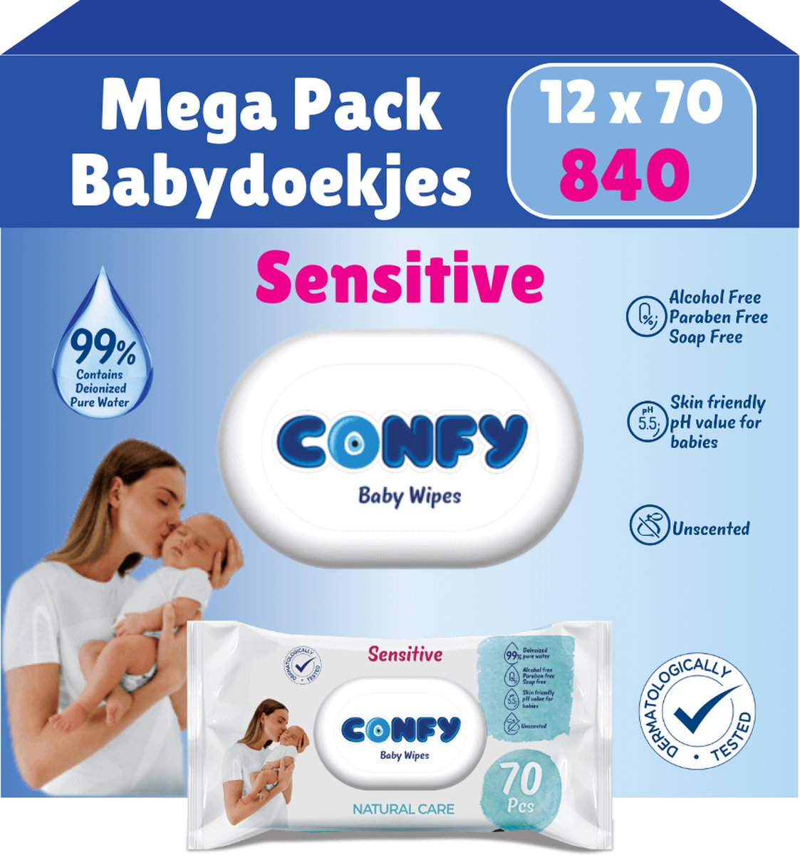 Goedkoopste Confy Sensitive Billendoekjes - 12 x 70 Stuks - 840 Doekjes