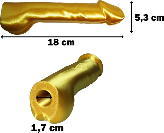 Gouden piemel decoratie met afmetingen 18 cm lang en 5,3 cm breed, en een opening van 1,7 cm.