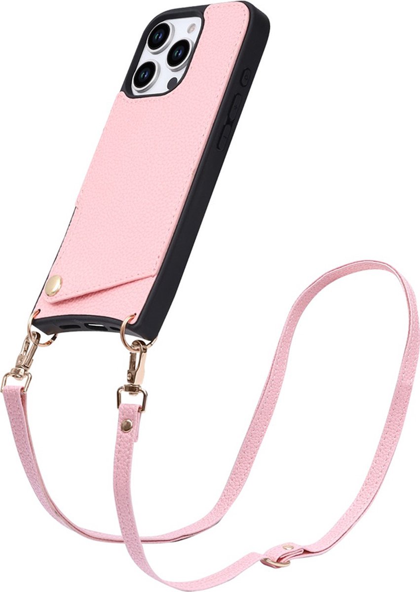 CaseBoutique Backcase hoesje geschikt voor iPhone 16 Pro Max - Effen Roze - Kunstleer - met Crossbody Koord & Pashouder