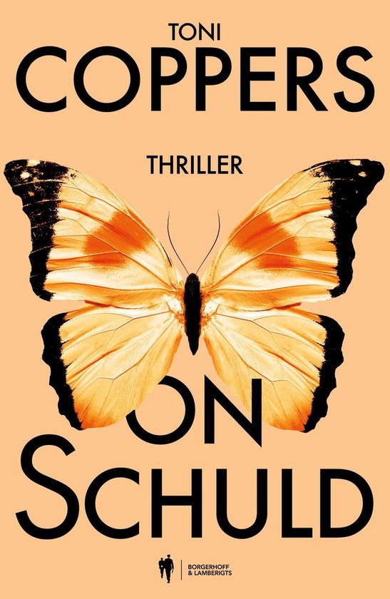 Boekcover van "On Schuld" van Toni Coppers. Een oranje vlinder met zwartomrande vleugels staat centraal. De titel "On Schuld" is groot weergegeven.