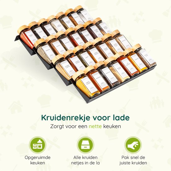 Liggend kruidenrek voor in de lade, met 4 niveaus, ideaal voor een nette keuken en snelle toegang tot kruiden.