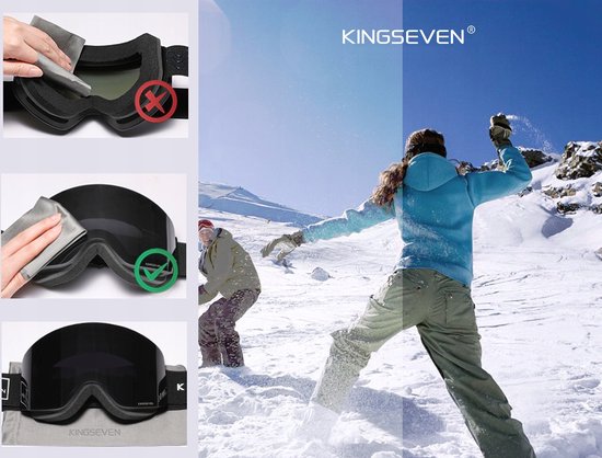 Illustratie van skibril onderhoud en skiërs in de sneeuw.