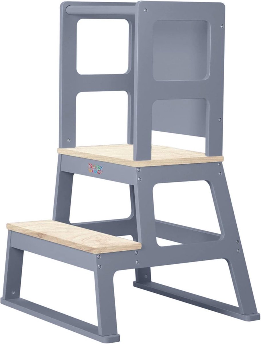 Houten Leertoren met Schoolbord voor Peuters - Montessori Keukenhulp en Opstap voor Kinderen - Veilig en Stabiliteit in Grijs