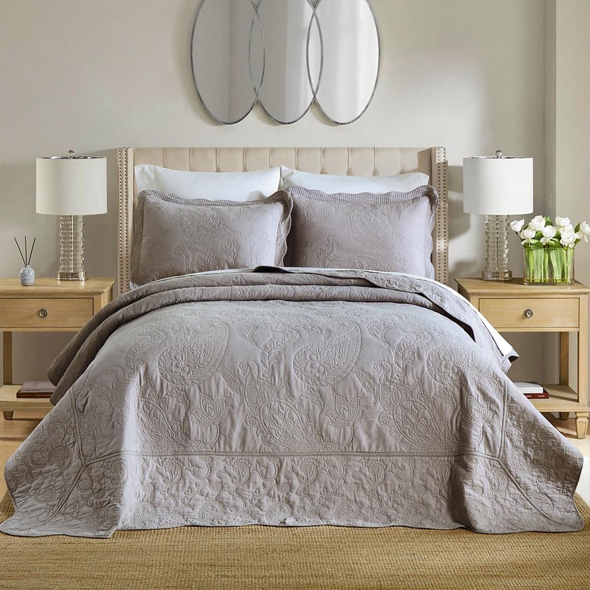 Goodivery ® Stijlvolle Grijze Katoenen Bedsprei met Quiltdesign en Kussenslopen, Perfect voor Elk Seizoen