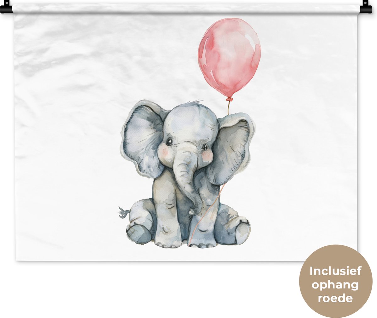 Wandkleed 90x67.5 cm - Wanddoek Olifant - Baby dier - Roze ballon - Wandtapijt - Wandkleden