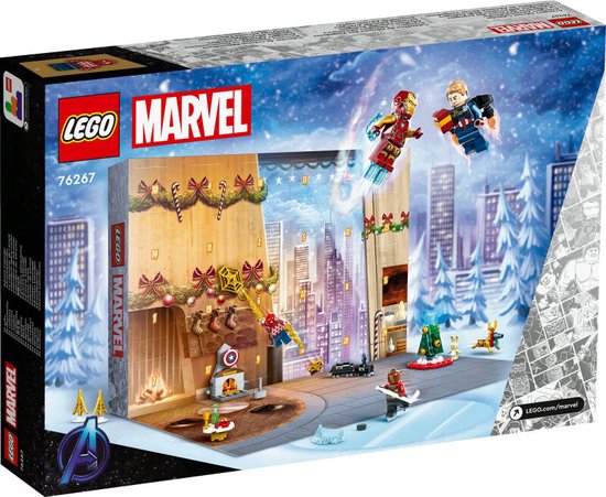 LEGO Marvel Avengers adventskalender in winterse sfeer, met de Avengers-logo's en minifiguren.