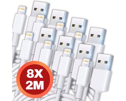 8 stuks - iPhone Oplaad Kabel Lightning - 2 meter - 12 / 12 PRO / 12 PRO MAX / 11/ 11 PRO (MAX) / XS / XR/ X / iPhone 8 / 8 Plus/ iPhone SE/ 6 / 5 / 5SE - premium kwaliteit - Oplaadkabel - wit