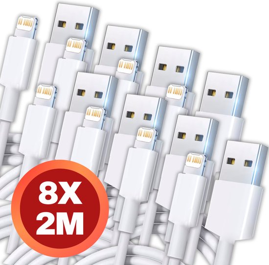 8 stuks - iPhone Oplaad Kabel Lightning - 2 meter - 12 / 12 PRO / 12 PRO MAX / 11/ 11 PRO (MAX) / XS / XR/ X / iPhone 8 / 8 Plus/ iPhone SE/ 6 / 5 / 5SE - premium kwaliteit - Oplaadkabel - wit