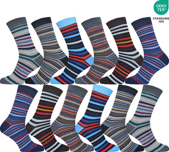 Twaalf paar gestreepte sokken in diverse kleuren en combinaties van strepen, gepresenteerd in twee rijen.