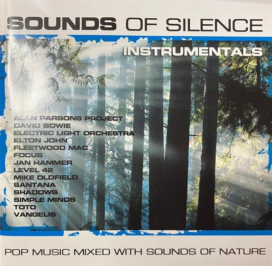Cover met de titel 'SOUNDS OF SILENCE INSTRUMENTALS' en een boslandschap met zonnestralen die door de bomen schijnen. Links staan namen van artiesten.