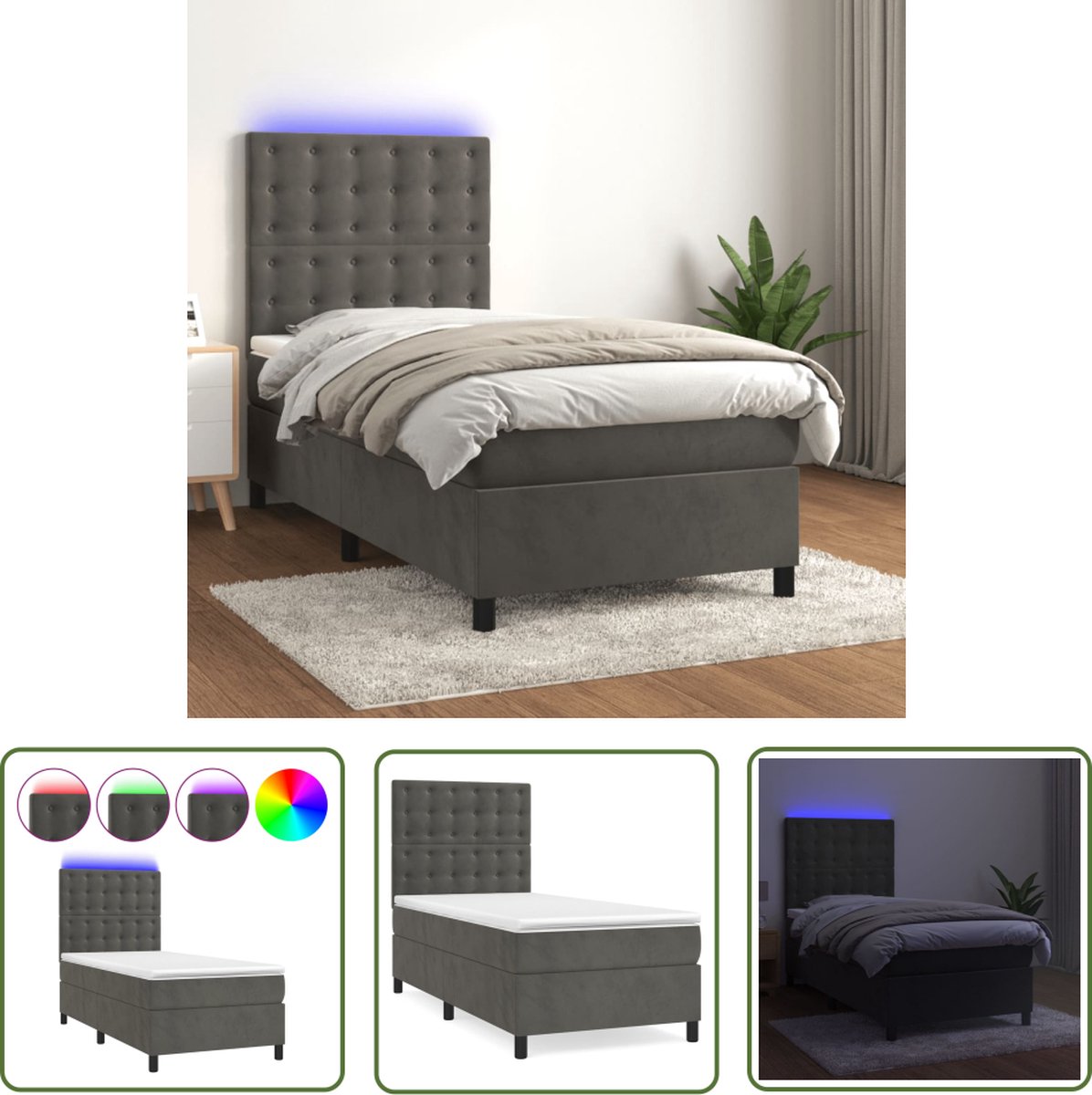 The Living Store Boxspring - LED - Fluweel - Pocketvering - Huidvriendelijk - 203x80x118/128cm - Donkergrijs