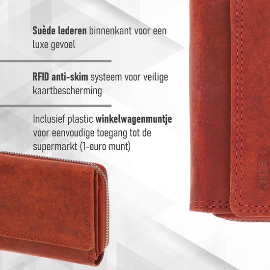 Rode, leren portemonnee met suède binnenkant en RFID anti-skim systeem. Inclusief winkelwagentje muntje.