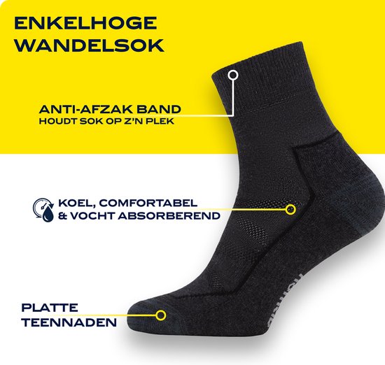 Enkelhoge wandelsok, zwart. Met anti-afzakband, platte teenaden, koel & vocht absorberend.