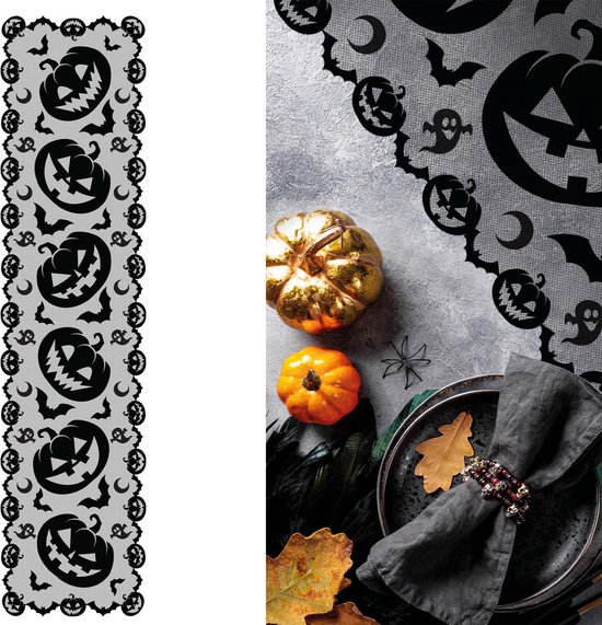 Fiestas Guirca Chemin de table fête thème Halloween/horreur dentelle - polyester - citrouilles - 200 x 45 cm - Nappe de Fête