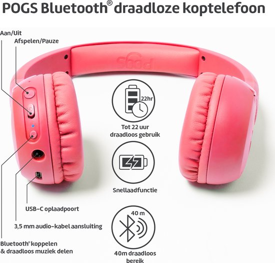 POGS - The Gecko 2 - Draadloze on-ear kinder koptelefoon - Bluetooth - Veilige volumebegrenzing - Duurzaam - Gratis app voor extra functies - rRoze