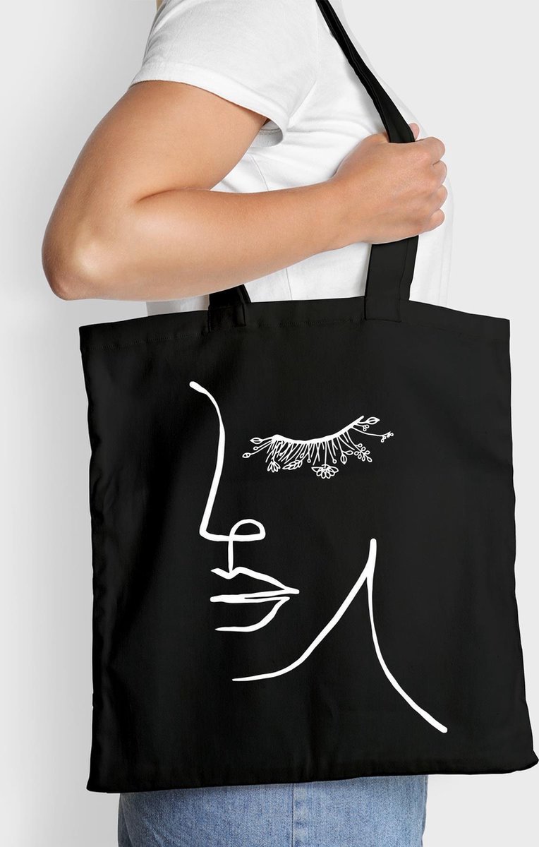 Kwube Dames Tassen - Shopper - Zwart Katoen - Linnen Tas - Bloemenwimper Design - 35x40 cm - Cadeau Voor Haar - Katoenen Schoudertas - Zwarte Boodschappentas - Floral Eyelash Black Cotton Tote Bag