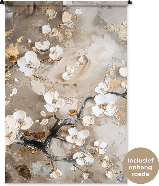 Wandreliëf Wit Goud Artissimo Wanddecoratie C1530 - Wit-gouden Bloemen Reliëf, 38x28 Cm, Poly-hars Materiaal Polyresin Wanddecor